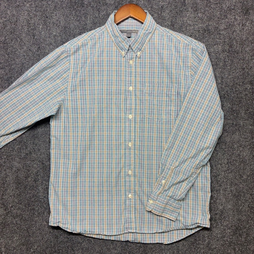 Old Navy Plaid Button Down Shirt Mens L Blue Tan Checkered GrandpaCore Vintage